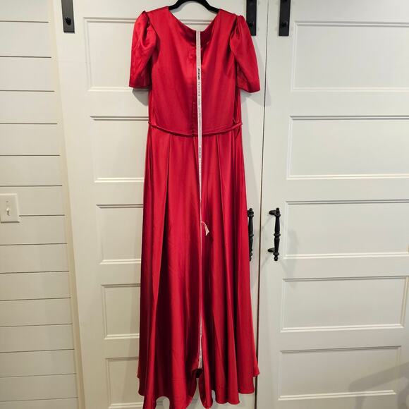 Mac Duggal 26606 Puff Sleeve A Line V Neck Satin Gown Long Dress Red Size 10 - Picture 9 of 11